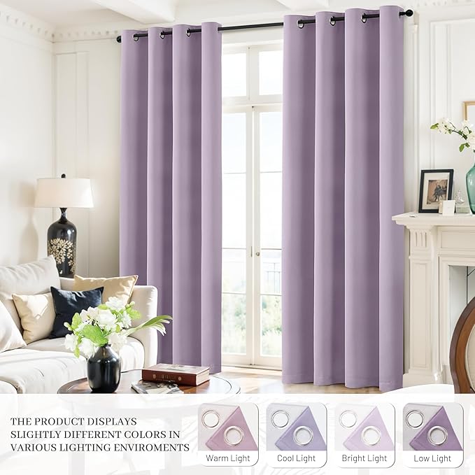 Yakamok Lilac 100% Blackout Curtains 84 Inches Long with 2 Thick Layers-Light Purple Room Darkening Thermal Insulated Window Curtain Set of 2 Panels for Bedroom Living Room 38x84 Inches,Lavender