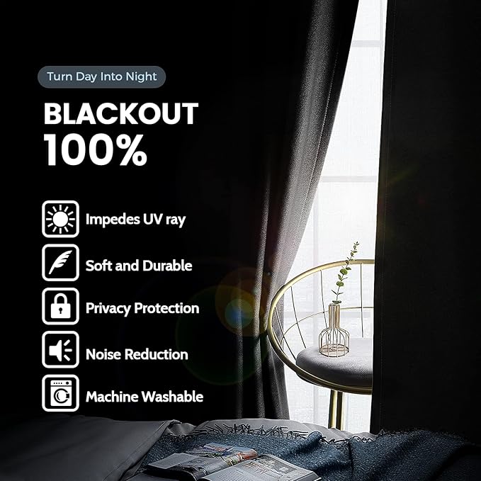 SimpleHome 100% Blackout Curtains for Bedroom,Thermal Insulated Grommet Window Drapes Room Darkening Black Curtains for Living Room with Black Back,42 x 84 Inch,2 Panels