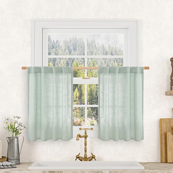 LAMIT Short Window Linen Curtains 36 Inch Length 2 Panels, Light Sage Light Filtering Panels Back Tab and Rod Pocket Neutral Drapes for Bathroom/Loft Room, 34 x 36 Inch
