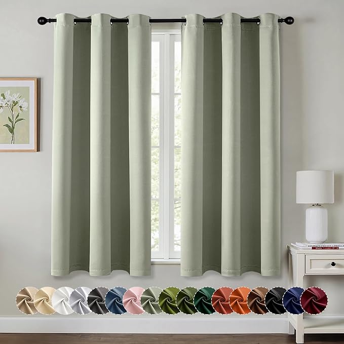MIULEE Sage Green Blackout Curtains for Bedroom Living Room 64 Inches Long 2 Panels, Thermal Insulated Room Darkening Drapes Solid Grommet Top Noise Reducing Light Green Window Treatments 40x64 Inch