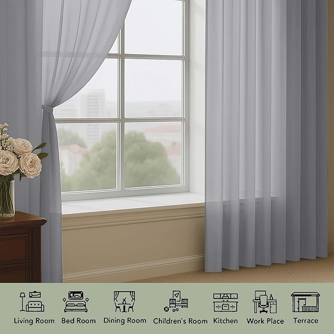 OWENIE Grey Sheer Curtains 120 Inches Long 2 Panels Set, Airy Lightweight Sheer Grey Curtains for Living Room Bedroom, Farmhouse Voile Filmy Rod Pocket Curtains Drapes, 2 Pcs, Each 59" Wx120 L Inch