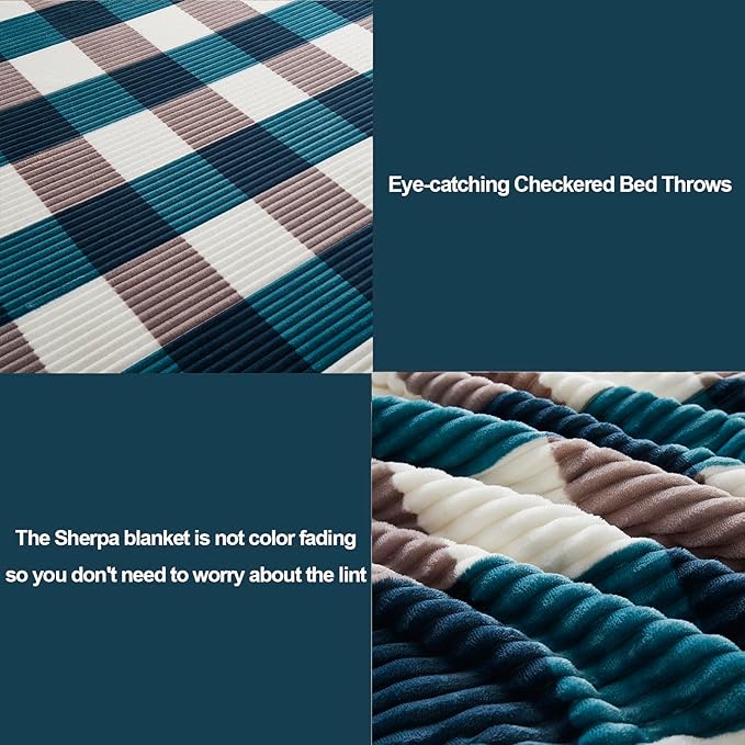 PU MEI Sherpa Blanket Twin Plaid Thick Bed Blanket, 90”*80” Super Soft Flannel Fuzzy Fleece Reversible Velvet Plush Warm Blanket for Couch (Teal Check, 80"*90")