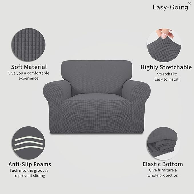 Easy-Going Stretch Oversized Chair Sofa Slipcover 1-Piece Couch Sofa Cover Furniture Protector Soft with Elastic Bottom for Kids Spandex Jacquard Fabric Small Checks Gray