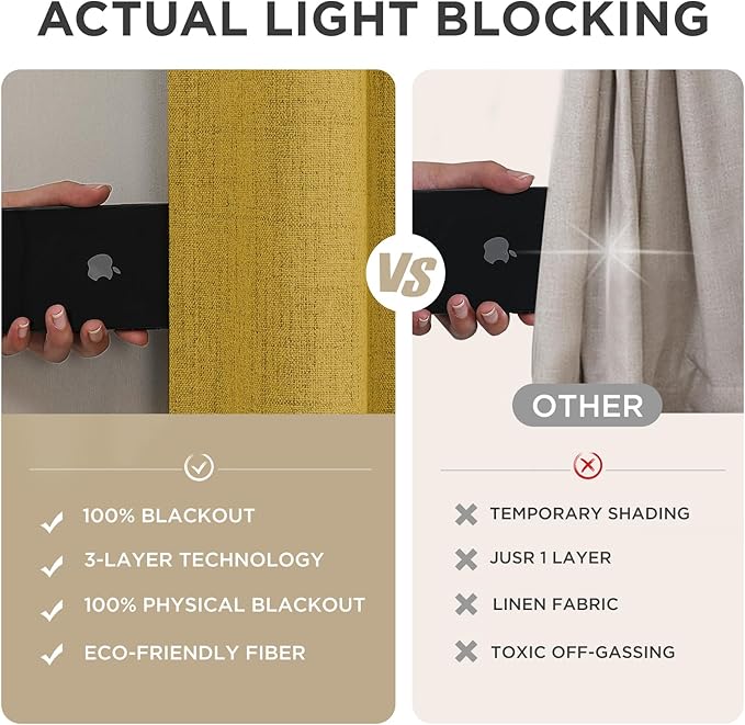 Joydeco Blackout Curtains for Bedroom - 100% Light Blocking 2 Panels Set Yellow Drapes 42" W x 90" L, Thermal Insulated Room Darkening Curtains, Linen Textured for Living Room, Rod Pocket & Back Tabs
