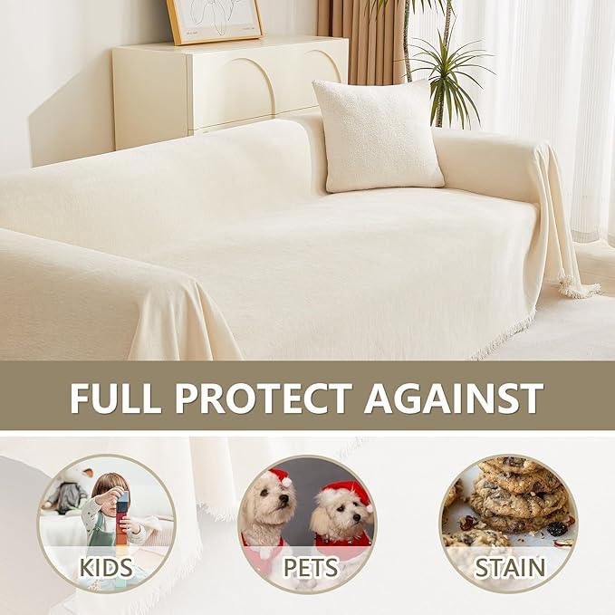 MYSKY HOME Boho Couch Cover Beige Sofa Covers with White Tassel Farmhouse Sofa Slipcover Simple Couch Protector for Dogs Chenille Sectional Couch Covers L Shaped Couch Cushion Covers, 91"x 134"
