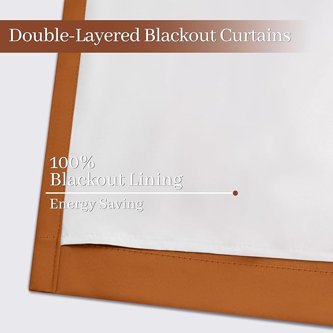Yakamok Room Darkening 100% Blackout Curtains Grommet Window Treatments with 2 Thick Layers-Burnt Orange Thermal Insulated Drapes Set of 2 Panels for Bedroom Living Room 52 Inches by 96 Inches Length