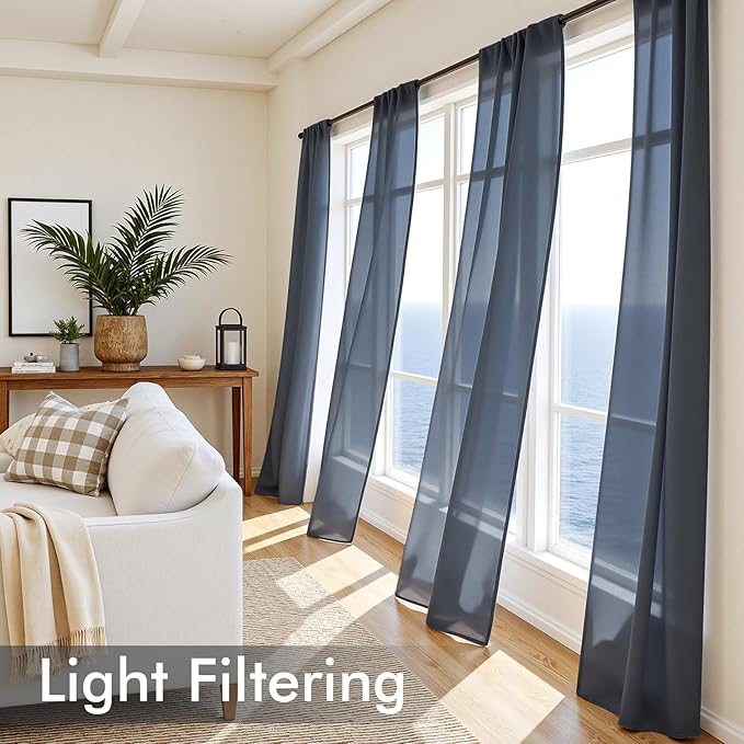 MIULEE Navy Blue Sheer Curtains 108 Inches Long, 4 Panels Set, Light Filtering Rod Pocket Voile Drapes Window Treatments, Semi Transparent Airy Fabric for Bedroom and Living Room, 54 x 108 Inches