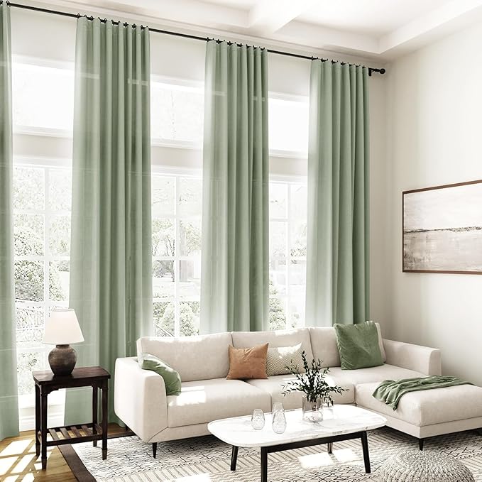 Desert Sage Linen Curtains for Living Room 98 Inches Long Light Filtering Semi Sheer Curtain Back Tab Rustic Farmhouse Decor Elegant Luxury Boho Drapes for Bedroom Dinner Room 52x98, 2 Panels