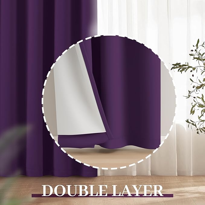 Yakamok Room Darkening 100% Blackout Curtains Grommet Window Treatments with 2 Thick Layers-Purple Thermal Insulated Drapes Set of 2 Panels for Bedroom Living Room 38 Inches by 63 Inches Length