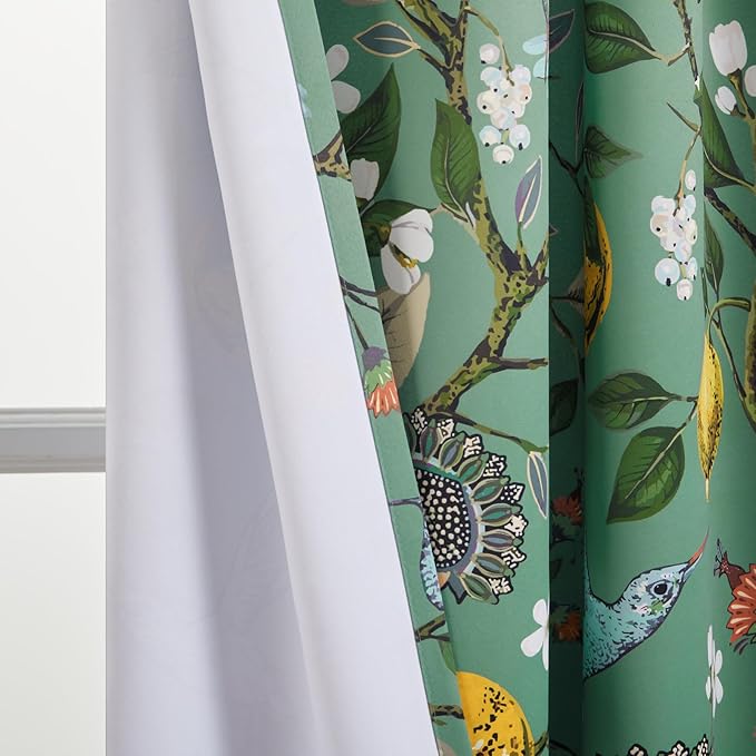 Topfinel Kitchen Curtains 45 Inch Length Floral Spring Curtains for Cafe, Vintage French Country Grommet Botanical Hummingbird Woodland Victorian Patterned Sage Green Blackout Curtains 45 Inches Long