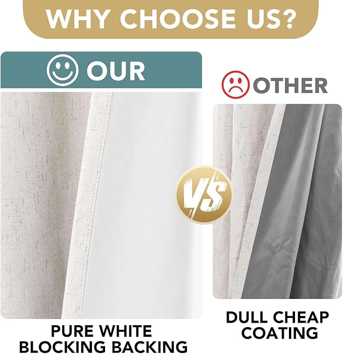 H.VERSAILTEX Linen Blackout Curtains 72 Inches Long 100% Absolutely Blackout Thermal Insulated Textured Linen Look Curtain Draperies Anti-Rust Grommet, Energy Saving with White Liner, 2 Panels, Ivory