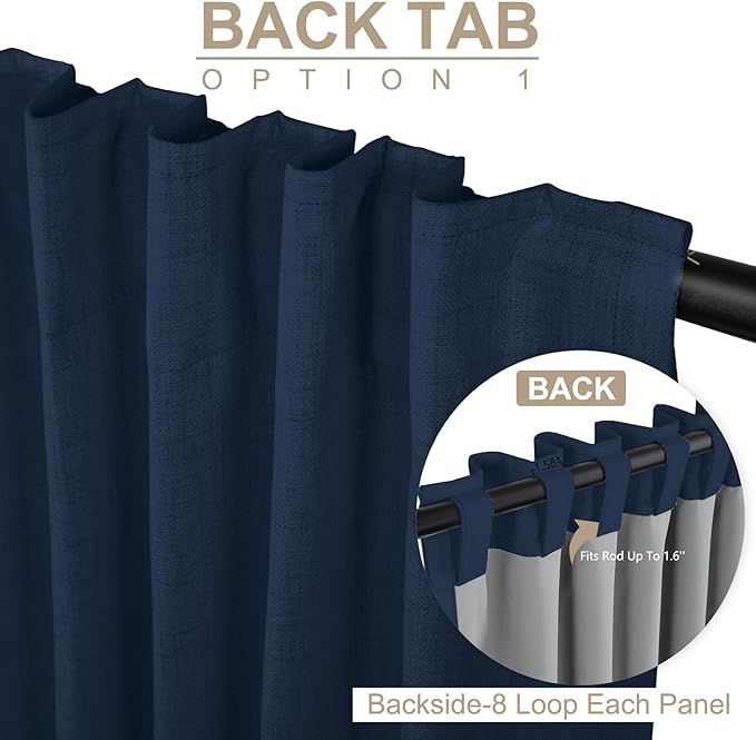 100% Blackout Shield Linen Blackout Curtains for Bedroom 84 Inches Long, Back Tab/Rod Pocket Living Room Drapes, Thermal Insulated Blackout Curtains 2 Panels Set, 50" W x 84" L, Midnight Blue