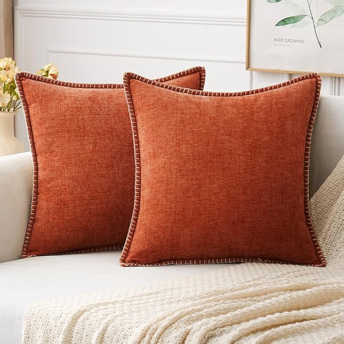MIULEE Pack of 2 Couch Throw Pillow Covers 20x20 Inch Rust Farmhouse Decorative Pillow Covers with Stitched Edge Soft Chenille Solid Dyed Pillow Covers for Sofa Bed Living Room