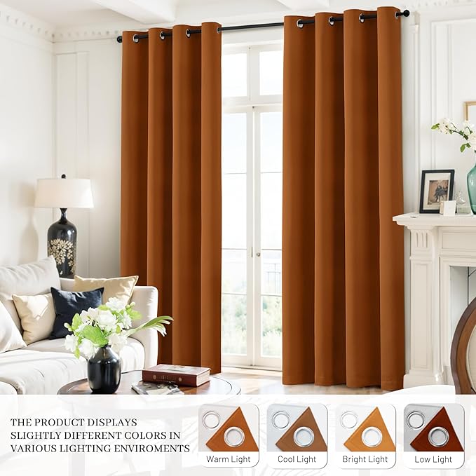 Yakamok Room Darkening 100% Blackout Curtains Grommet Window Treatments with 2 Thick Layers-Burnt Orange Thermal Insulated Drapes Set of 2 Panels for Bedroom Living Room 52 Inches by 96 Inches Length
