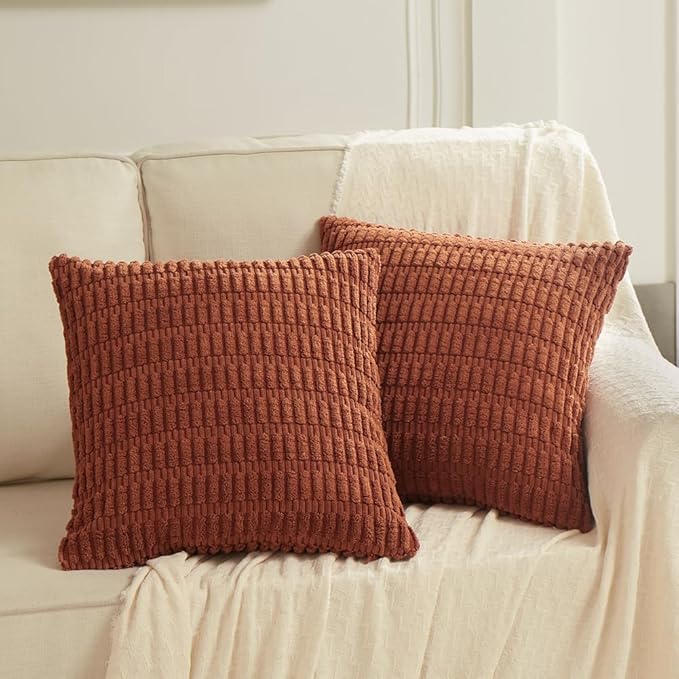 Fancy Homi 4 Packs Rust Decorative Throw Pillow Covers 22x22 Inch for Living Room Couch Bed Sofa, Terracotta Rustic Farmhouse Boho Home Decor, Soft Plush Striped Corduroy Square Cushion Case 55x55 cm
