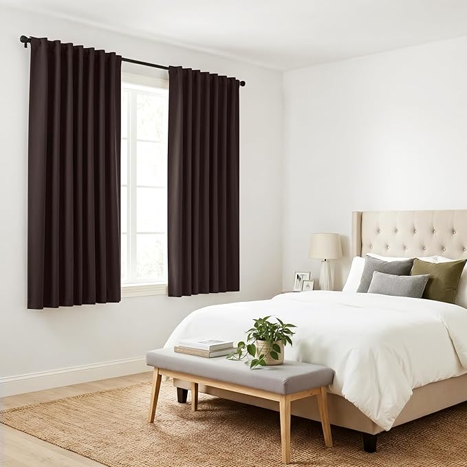 PONY DANCE Blackout Curtains Short - Kitchen Window Draperies Energy Efficient Thermal Insulated Back Tab/Rod Pocket Curtain Panels/Window Treatments for Bathroom, 42 W x 30 L, Brown, 2 Pieces