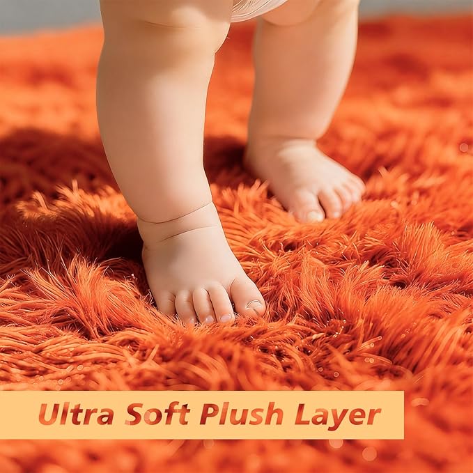 Orange Fluffy Round Rug,Soft Area Rugs for Girls Room,Shaggy Rugs 5'X5' for Living Room,Non Slip Circle Rug for Kids Bedroom,Shag Plush Nursery Carpets,Fuzzy Plush Rug for Dorm,Cute Room Decor Carpet