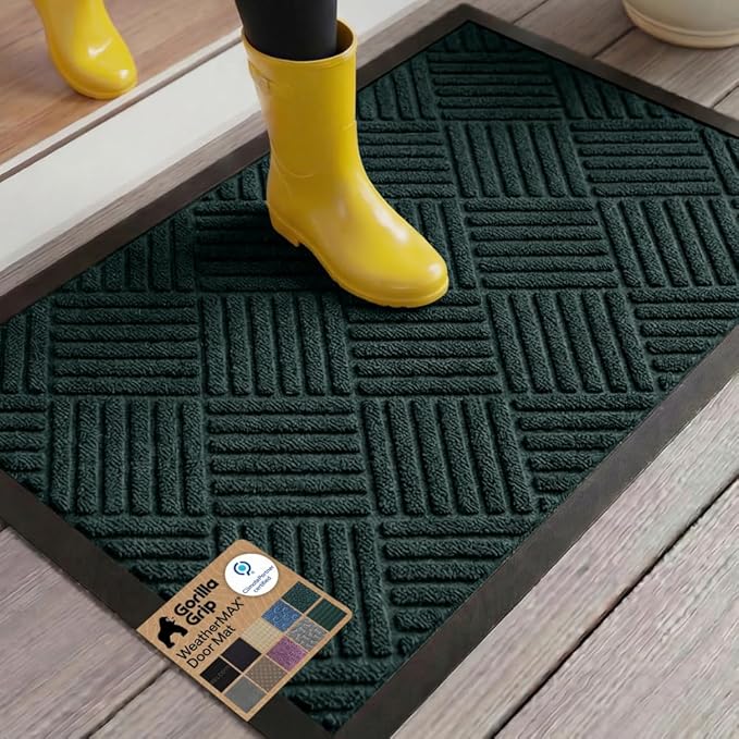 GORILLA GRIP 100% Waterproof All-Season WeatherMAX Doormat US Designed Natural Rubber, Stain and Fade Resistant, Low Profile Indoor Outdoor Door Mats, Easy Clean Patio Mat, 29x17, Green Diamond