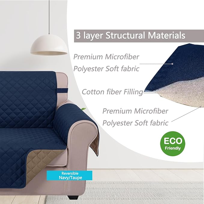 U-NICE HOME Loveseat Sofa Cover Reversible Couch Covers for 2 Cushion Couch for Dogs Furniture Protector Cover with Elastic Straps Water Resistant(Loveseat Small, Navy/Taupe)