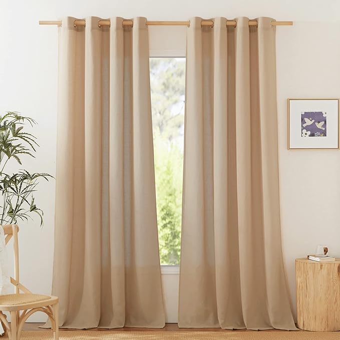 NICETOWN Rustic Linen 144 inch Long Curtains for Living Room, Grommet Privacy Added Thick Linen Weave with Light Filter Window Curtains & Drapes for Bedroom, Camel, W55 x L144, 2 Panels