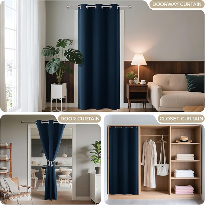 Joydeco Blackout Door Curtain for Doorway Privacy 90 Inches Long, Grommet Closet Curtain for Open Closet, Room Divider for Bedroom Living Room (Navy Blue, 52Wx90L, 1 Panel)