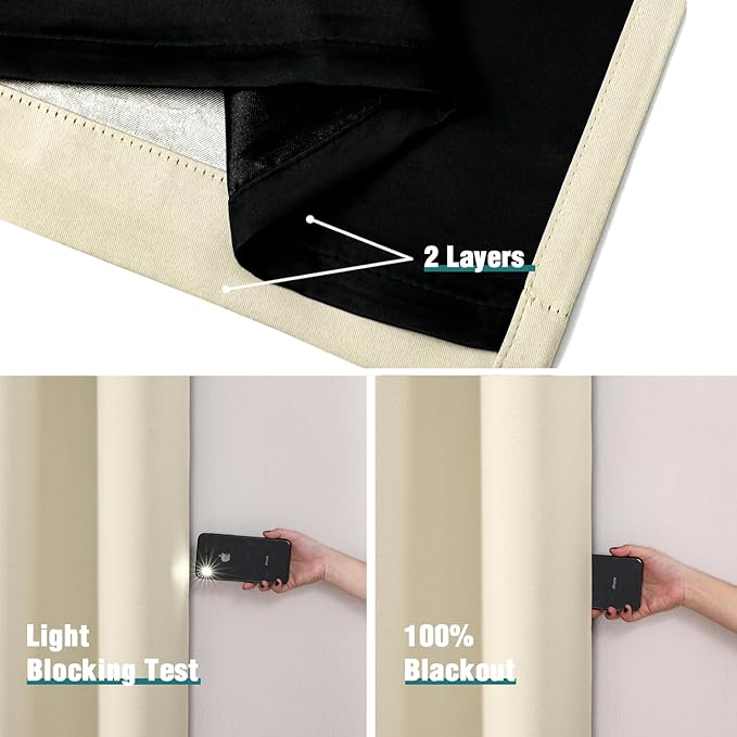 ChrisDowa 100% Blackout Curtains 63 inch Long for Bedroom with Black Liner, Extra Wide 2 Thick Layers Total Blackout Thermal Insulated Grommet Window Curtains 2 Panels Set (Light Beige, 60 x 63 Inch)