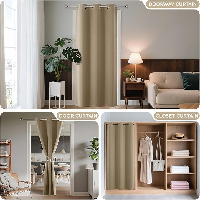 Joydeco Blackout Door Curtain for Doorway Privacy 80 Inches Long, Grommet Closet Curtain for Open Closet, Room Divider for Bedroom Living Room (Light Beige, 32Wx80L, 1 Panel)