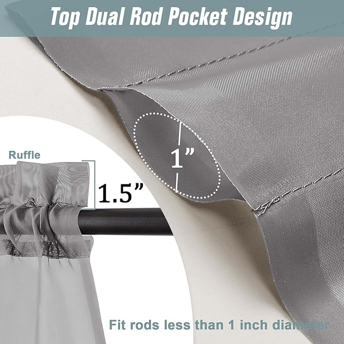 Grey Sheer Curtains 63 Inch Length 2 Panels, Voile Sheer Curtain for Living Room, Breathable Light Filtering Modern Window Treatments, Soft Fabric Dual Rod Pocket Drapes, 2x42Wx63L Inches