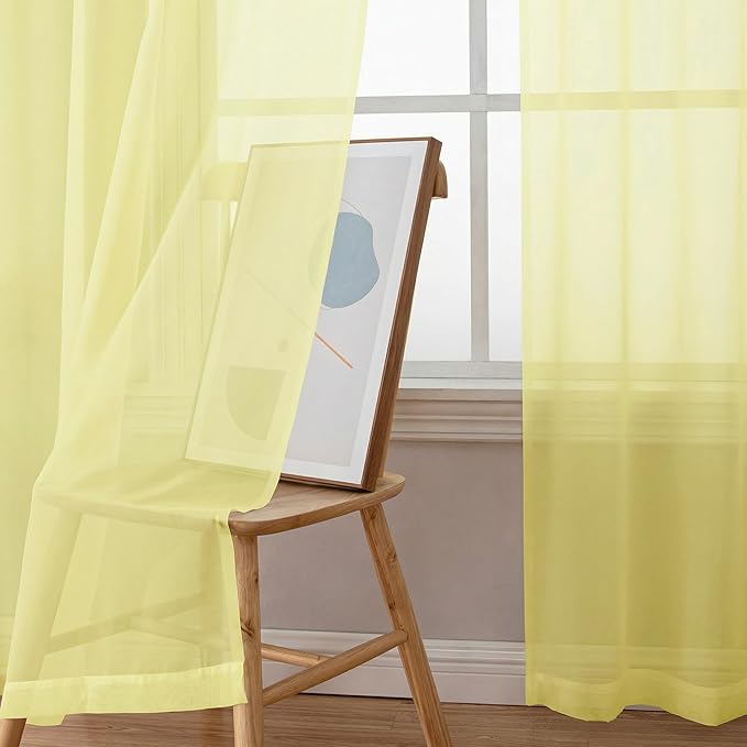 OWENIE Sheer Curtains 96 inches Long 2 Panels Set for Living Room/Bedroom, Rod Pocket Voile Sheer Panel Drapes, Airy Soft Fabric Window Treatments, 2pcs, Each 42" W x 96" L, Light Yellow