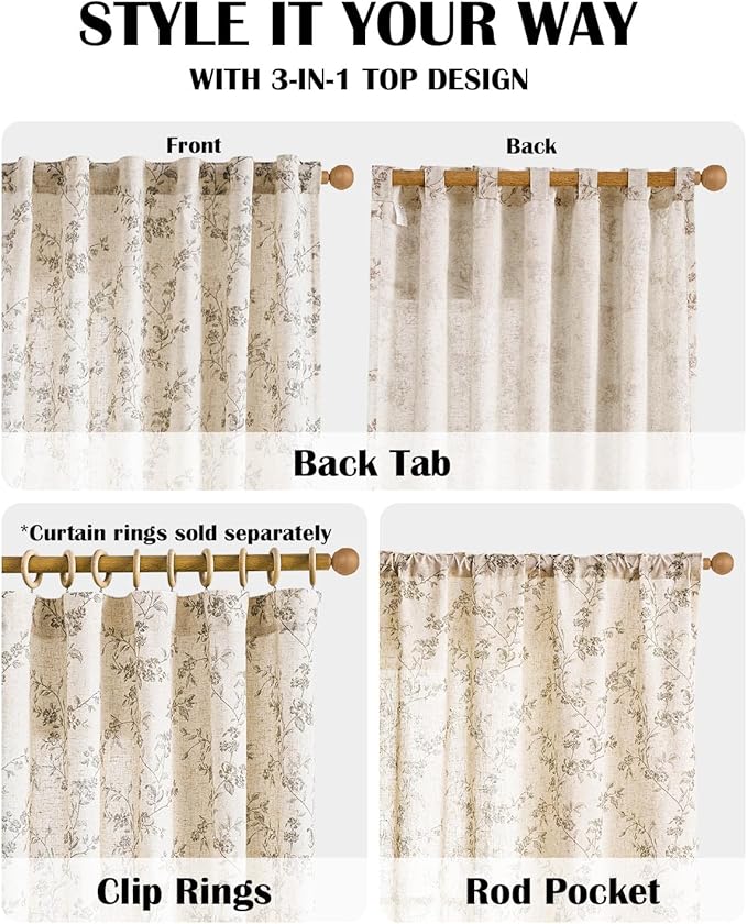 Lazzzy Farmhouse Linen Curtains Extra Long Gray Floral Curtains 108 Inch Long Back Tab Drapes for Living Room Bedroom Light Filtering Country Vintage Rod Pocket, 2 Panels, Grey on Beige