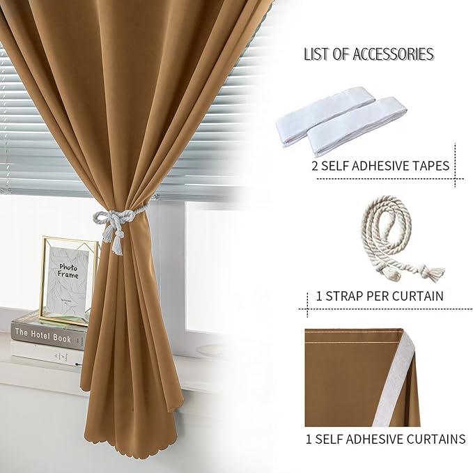 Self Adhesive Curtains, Stick Curtain Blackout Shades Window Cover Curtains for Living Room No Drilling, 59" W X 59" L, Brown, 1 Panel