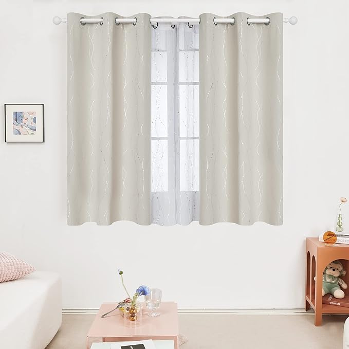 Deconovo Beige Blackout Curtains, Room Darkening Curtain, Thermal Insulated Soundproof Drapes, Silver Wave Dots Print, 38 x 63 Inch, Machine Washable Window Panels for Living Room Bedroom, Set of 2