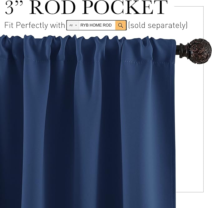 RYB HOME Blackout Cafe Curtains 30 inch Length, Short Light UV Heat Blocking Energy Saving Privacy Curtain Tiers for Basement Bathroom Kitchen Window, Width 29 by Length 30, Navy Blue, 2 Panels