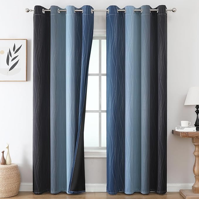 Estelar Textiler Black and Navy Blue Gradient Blackout Curtains for Bedroom 96 Inch Length, Thermal Insulated Ombre Drapes, Full Light Blocking Energy Saving Curtains for Living Room,52Wx96L,2 Panels