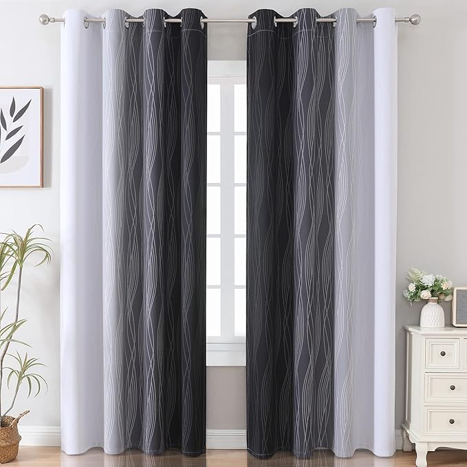 Estelar Textiler Thermal Insulated Blackout Curtains for Bedroom, Ombre Black and Greyish White Blackout Drapes for Living Room, Gradient Full Light Blocking Energy Saving Curtains, 52Wx84L, 2 Panels