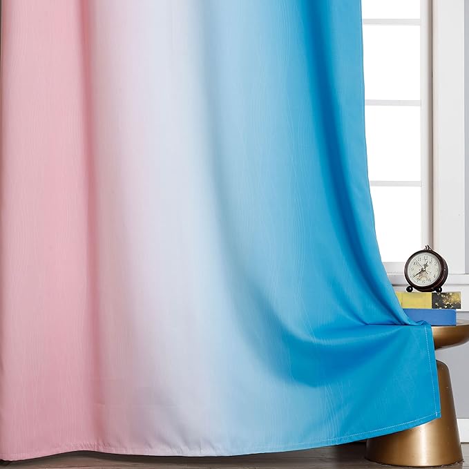 Ombre Pink and Blue Blackout Curtains 45 Inches Long, Full Light Blocking Curtains for Bedroom, Wavy Line Pattern Grommet Thermal Insulated Gradient Drapes for Living Room,42x45 Inch, 2 Panels