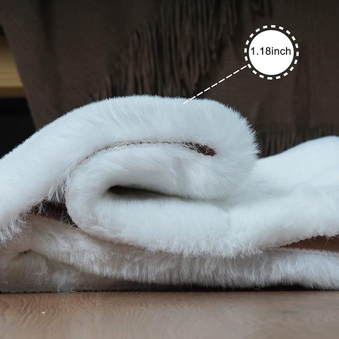 Ghouse Ultra Soft Faux Rabbit Fur Rug, Machine Washable Area Rugs for Bedroom Fluffy Rugs for Living Room, No-Shedding Carpet Sheepskin Runner Rugs White 2 x 8 Feet