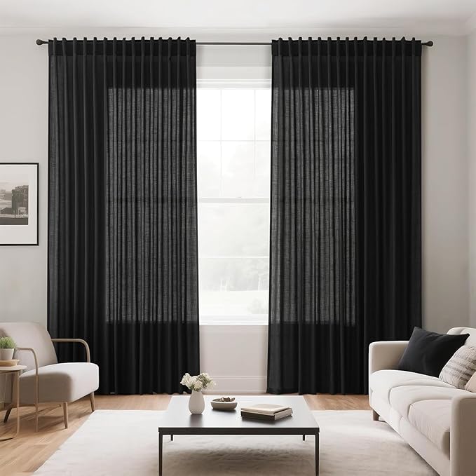 Black Linen Curtains 84 inches Long 2 Panels for Bedroom Back Tab Light Filtering Privacy Sheer Black Curtains Muslin Look Modern Farmhouse Cotton Textured Gauze Curtain for Living Room 2 Panel Set
