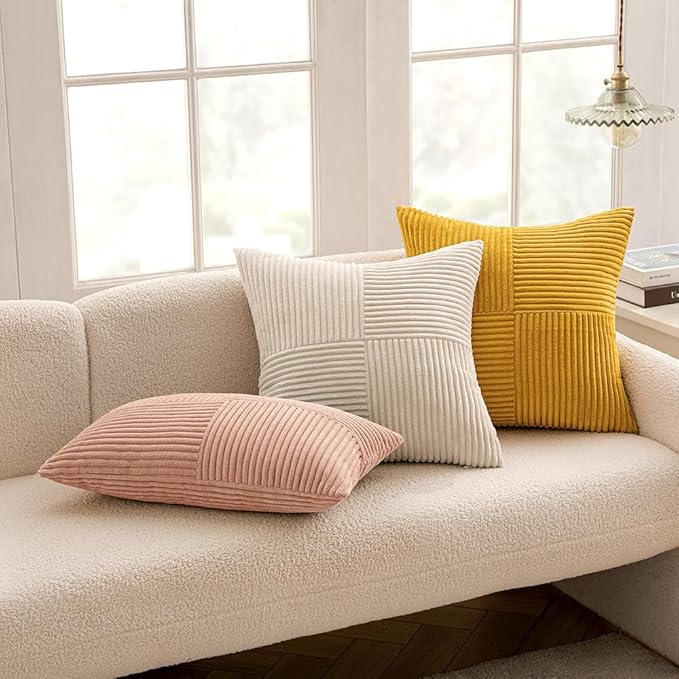 MIULEE Mustard Yellow Decorative Throw Pillow Covers 20x20 Inch for Couch Bed Sofa Pack of 2 Boho Farmhouse Throw Pillows Soft Cross Corduroy Patchwork Textured Cushion Cases