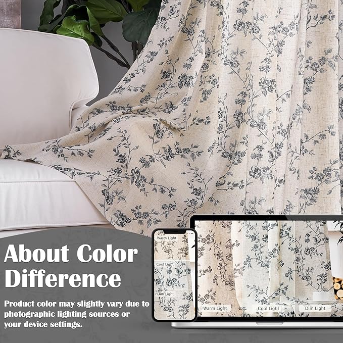 Lazzzy Black Floral Linen Curtains 84 Inch Farmhouse Back Tab Drapes for Living Room Bedroom Light Filtering Vintage Grandmillennial Rod Pocket Curtains, 2 Panels, W38 x L84, Black on Beige