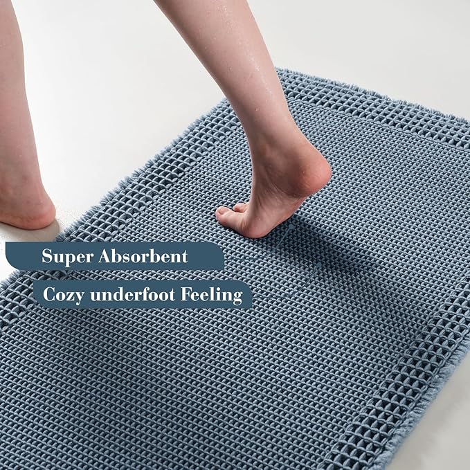 RESARE Waffle Bathroom Runner Rugs, Super Absorbent Bath Mat Non Slip Washable Quick Dry, Upgraded Ultra Soft Boho Bath Rugs with Tassels for Hallway Bedroom Laundry Room, 2'x4'(24"x48"), Blue