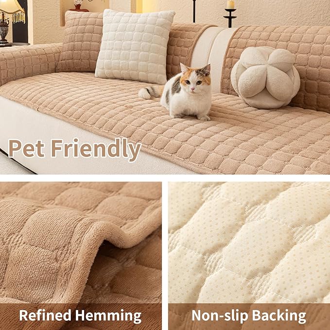 Velvet Couch Covers for Dogs, Dog Sectional Couch Covers, Pet Couchs Cover for Large Sectional, Couchs Protector for Dogs, Sectional Sofa Cover for Pet Washable(1PC,Khaki,27.6"×94.4")