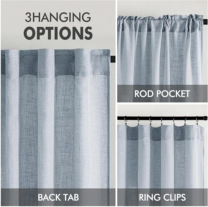 MIULEE Chambray Blue Linen Curtains 96 Inches Long 2 Panels for Bedroom Living Room, Soft Linen Textured Window Drapes Semi Sheer Light Filtering Back Tab Rod Pocket Farmhouse Modern Burlap Look Decor