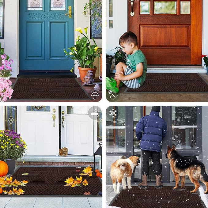 Smiry Front Door Mat Outside Entrance, Heavy Duty Sturdy Natural Rubber Doormat, Trap Dirt and Moisture, Easy Clean Low Profile Mats for Indoor Outdoor Entry, Irregular Triangle (47x32, Deep Brown)