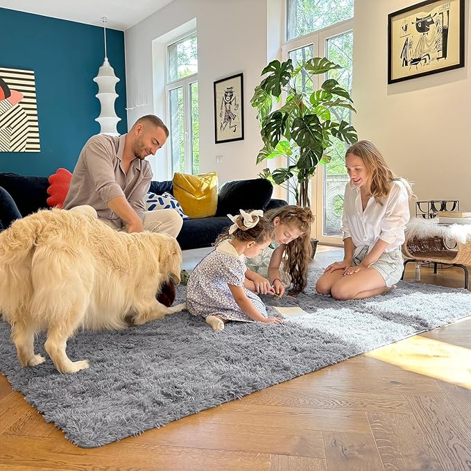 OLANLY 7x7 Machine Washable Large Area Rugs for Living Room, Bedroom, Soft Fluffy Shaggy Bedside Rug, Indoor Floor Carpet for Kids Girls and Boys, Dorms, Nursery, Home Decor Aesthetic, Light Grey