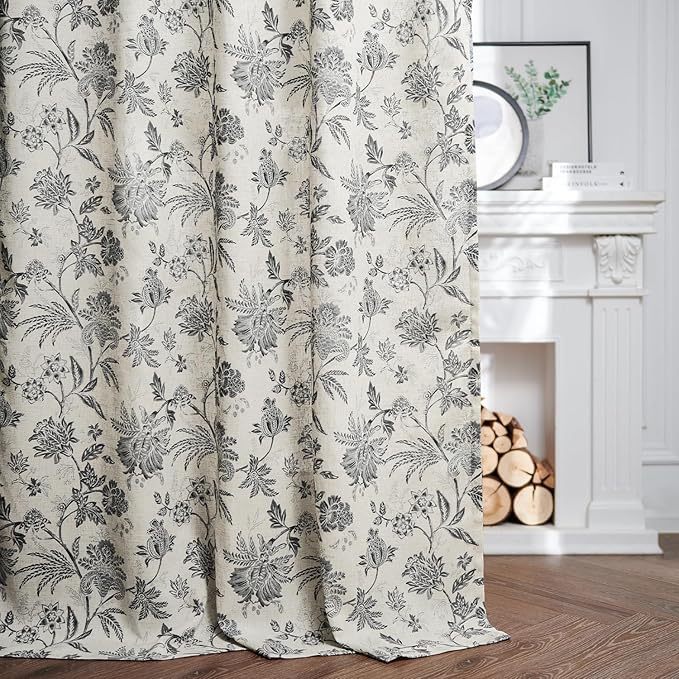 jinchan Linen Floral Curtains for Living Room with Printed Flower 84 Inches Long Light Filtering French Country Back Tab Rod Pocket Black Window Curtain Set Farmhouse Drapes 2 Panels Black