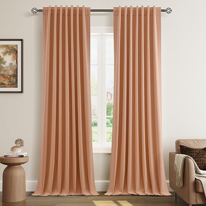 Guken 100% Blackout Curtains 84 Inch Length 2 Panels Set for Living Room Bedroom Back Tab Thermal Insulated Black Out Linen Drapes Room Darkening Peach Quartz,52x84