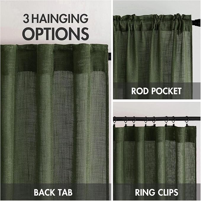 MIULEE Olive Green Linen Curtains 72 Inch Length 2 Panels for Bedroom Living Room, Soft Thick Linen Textured Window Drapes Semi Sheer Light Filtering Back Tab Rod Pocket Burlap Look Decor, W37xL72