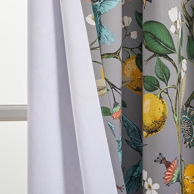 Topfinel 54 Inches Long Short Grey Blackout Curtains for Cafe Kitchen, Grommet Room Darkening Luxury Floral Lemon Hummingbird Patterned Waverly Colorful Drapes for Living Room Bedroom