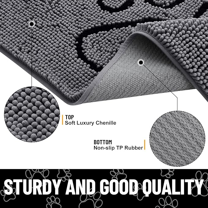 Smiry Dog Door Mat for Muddy Paws, Absorbent Dirt Trapper Non Slip Quick Dry Washable Chenille Mat for Mud Dogs, Entry Rug for Indoor and Outdoor (36x24 Inches, Dark Grey and Black)